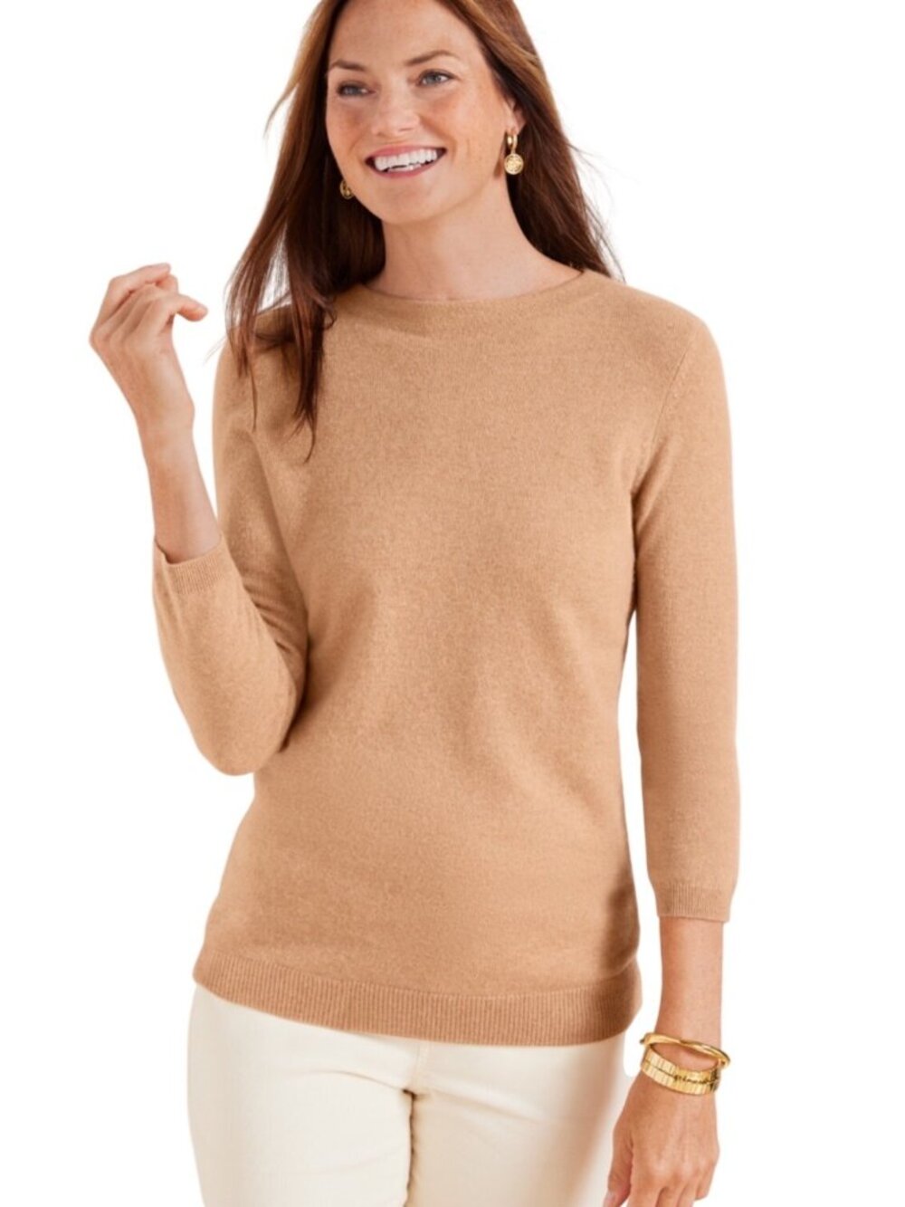 Talbots 100% Cashmere Crewneck Sweater Camel Tan XL 3/4 Sleeve Womens preppy